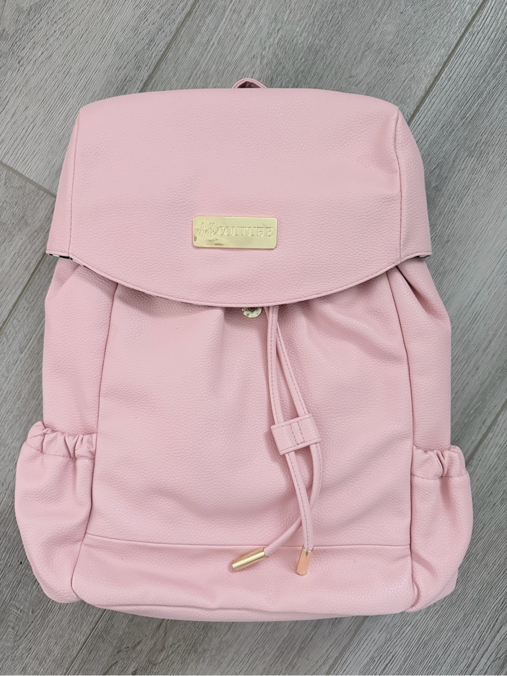 Chalk Couture Blush Pink Drawstring Backpack with Gold Plate